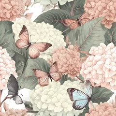 Fotobehang classic pale pink chinoiserie hydrangea with butterfly pattern © Wipada