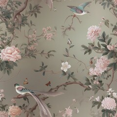 chinoiserie flower with bird seamless pattern