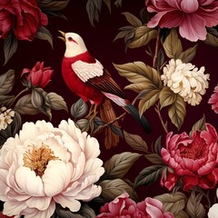 classic chinoiserie Chinese red peonies with bird in painting style pattern  - obrazy, fototapety, plakaty