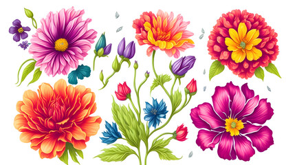 Set of colorful flowers. Watercolor effect.