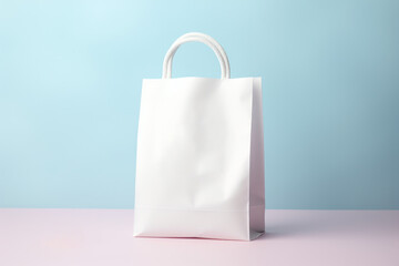 Blank White Shopping Paper Bag Mockup on the Table, Empty Packaging Template with Pastel Background. Generative AI