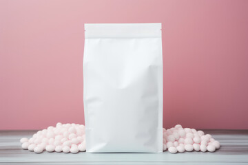 Blank White Pouch Bag Packaging Mockup with Pastel Background, Empty Package Template for Product Display. Generative AI