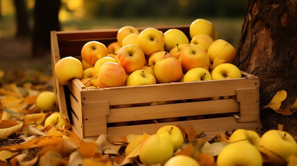 autumn apples in basket on wooden table