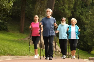 Poster Group of senior people performing Nordic walking outdoors. Low angle view © New Africa