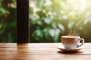 A Cup of Coffee on Wooden Table with Blurred Background, Cozy and Relaxation Vibes. Generative AI