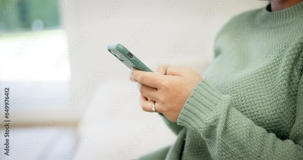Aufkleber woman, phone and hands typing in social media, communication or online networking at home. closeup o
