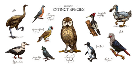Extinct species. Wild mammal animals and birds.Dodo. Moa Passenger pigeon Great auk. Penguin. Mascarene parrot. Labrador duck. Laughing owl. Hand drawn vector engraved sketch. Graphic vintage style.  © artbalitskiy
