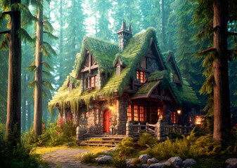 Fantasy old house in the forest. Illustration, created with generative ai technology - 649977028