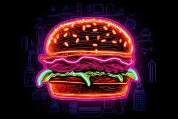 Burger with neon lights on black background, burger with neon effects, Generative AI - obrazy, fototapety, plakaty