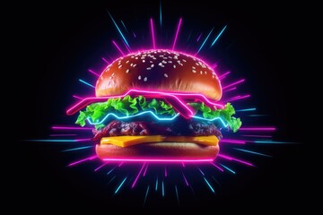 Burger with neon lights on black background, burger with neon effects, Generative AI