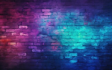 Brick wall with blue and purple neon lights, neon brick texture background, Generative AI