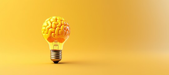Light bulb with brain on yellow background with copy space, concept of ideas, creativity and innovation, Generative AI - obrazy, fototapety, plakaty
