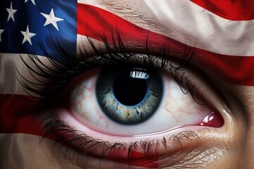 Human eye seen up close with painting of the United States flag, Generative AI
