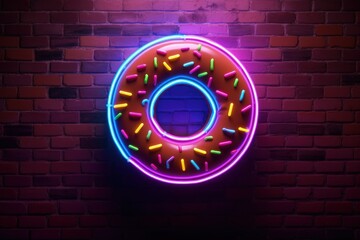 Donut with neon effect lights and brick wall background, Donut shaped neon sign, Generative AI