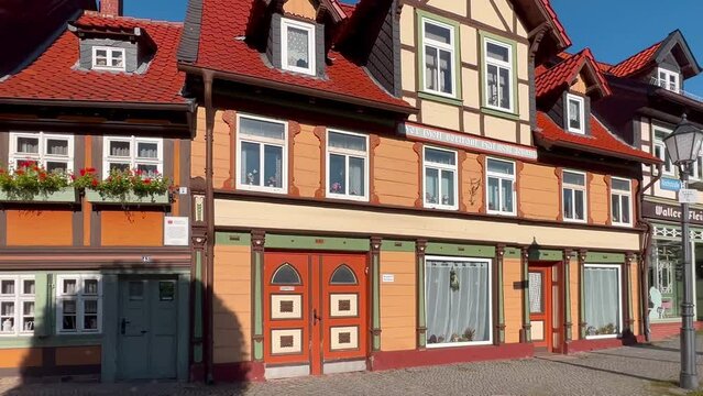 German traditional architecture fachwerk wooden houses in historical center Wernigerode, Saxony-Anhalt, Germany, August 20, 2023 . High quality 4k footage