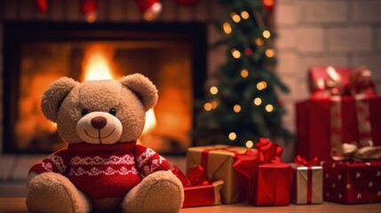 Teddy bear in red outfit and Christmas gifts on blurred background with fireplace and Christmas tree, Generative AI