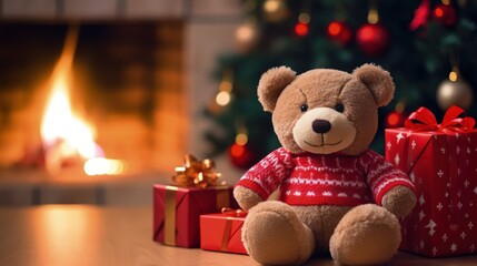 Teddy bear in red outfit and Christmas gifts on blurred background with fireplace and Christmas tree, Generative AI