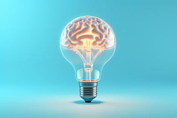 Light bulb with brain inside on blue background, concept of idea, creativity and innovation, Generative AI