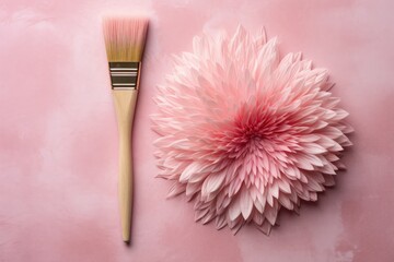 Brush with pink paint and flowers on pink background, Generative AI