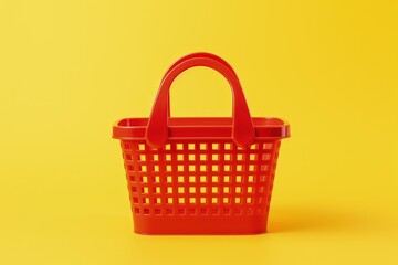 Fototapeta premium Red shopping basket isolated on yellow background, Generative AI