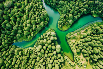 Aerial view of the river in the forest. Beautiful summer landscape