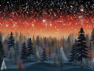 winter landscape with pine trees, in the style of light red and dark navy