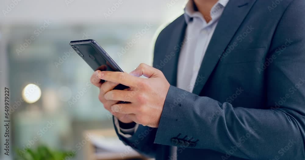Poster Business man, hands text and phone networking in a office with reading for working. Company, professional and mobile contact with social media scroll and message on a website and app at workplace
