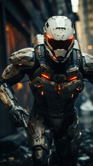 Naklejka premium Cyborg escaping from a chase dystopian city unsplash 