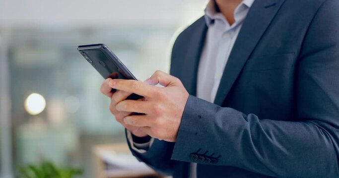 Business man, hands text and phone networking in a office with reading for working. Company, professional and mobile contact with social media scroll and message on a website and app at workplace