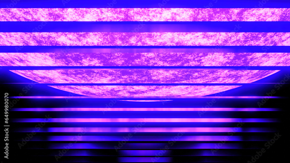 Poster bright planet glows with moving stripes. design. bright 3d planet with cyber field and stripes. cybe
