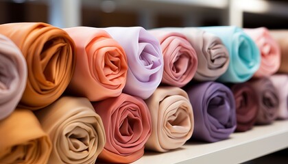 rolls of fabric on a store shelf