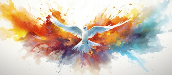 Christian watercolor illustration of Pentecost depicting the descent of the Holy Spirit as a dove and fire suitable for church publications and printing with splatter and stains for added e