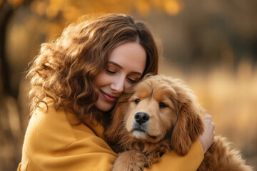 A photo of a woman hugging her dog