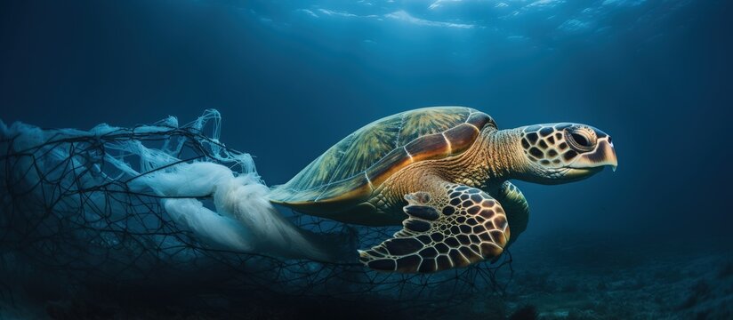Sea turtle trapped in discarded fishing net