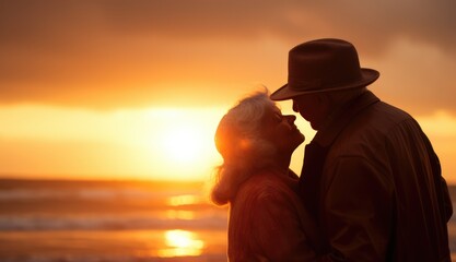 a photo of an old man and woman kissing at sunset on the beach