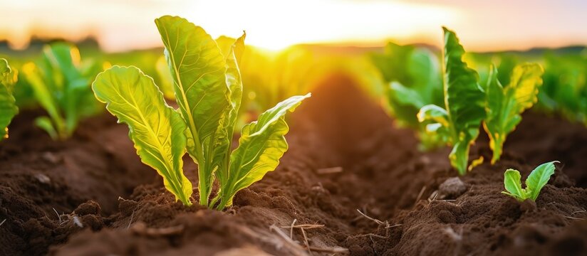 Young sugar beet leaves grow in an agricultural field at sunset