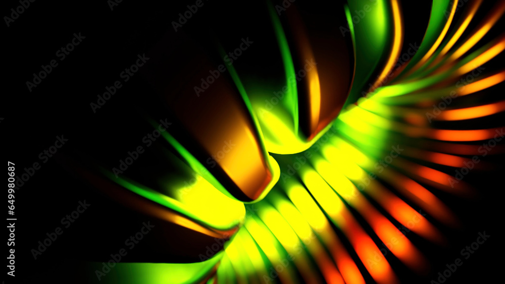 Poster rotating green and yellow lines. design. black background with computer graphics and movement.