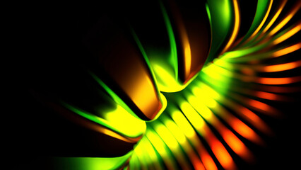 Rotating green and yellow lines. Design. Black background with computer graphics and movement.