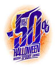 Halloween sale, -50 percent off, half price, vector banner mockup