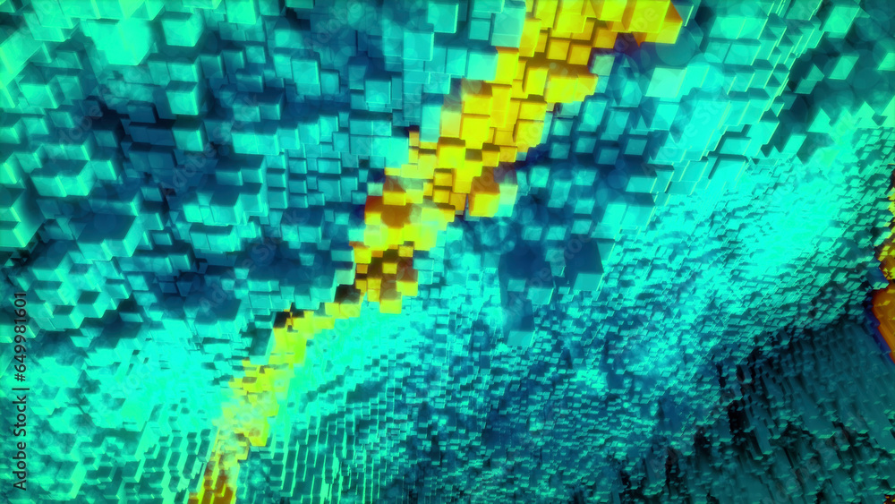 Poster blue and turquoise moving forward background. motion. bright light small square stripes creating spa