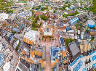 Aerial view of Coventry, a city in central England known for the medieval Coventry Cathedral and...
