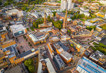Aerial view of Coventry, a city in central England known for the medieval Coventry Cathedral and statue of lady Godiva - obrazy, fototapety, plakaty