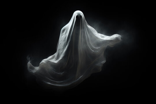 Creepy Halloween Ghosts Effect Photo Overlay. Ethereal Specter, White Silhouette, Mysterious Darkness, Paranormal Phantom, Supernatural Apparition. Generative AI.