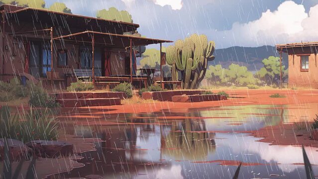 Desert, noon, adobe dwelling, anime background, loop animation
