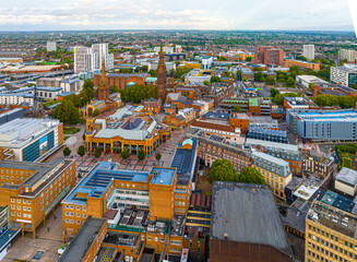 Aerial view of Coventry, a city in central England known for the medieval Coventry Cathedral and...