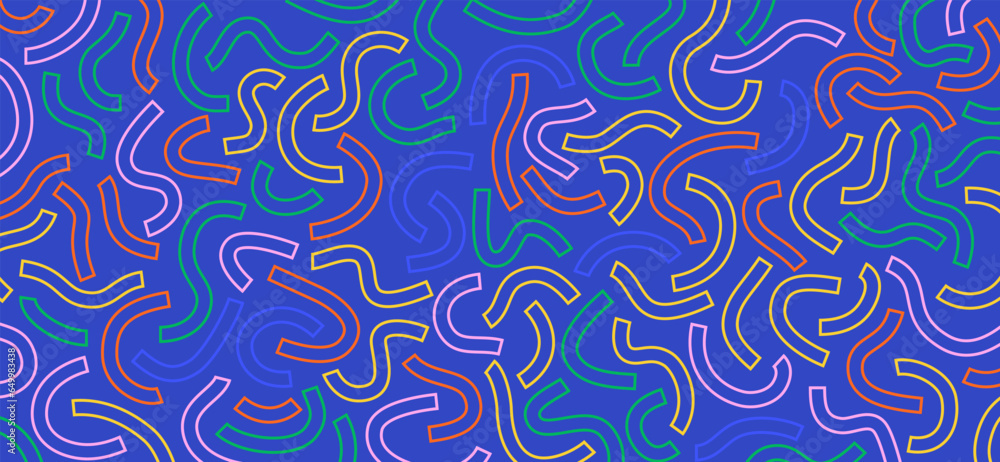 Poster colorful doodle pattern. funny vibrant pattern. colorful outline curved lines isolated on blue backg