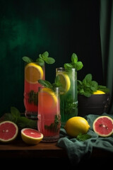 Pink lemonade made from pink lemons, on a green background, refreshing drinks, AI-generated.