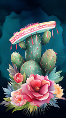watercolor drawing, guitar, cactus with flowers, black background, generative AI