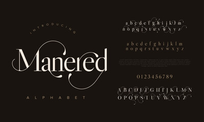 Manered premium luxury elegant alphabet letters and numbers. Elegant wedding typography classic serif font decorative vintage retro. Creative vector illustration