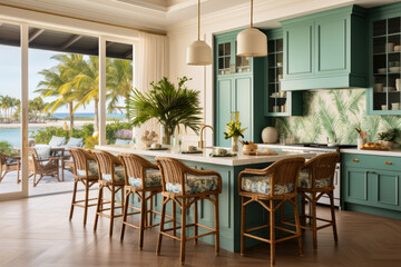 Step into a luxurious island-inspired kitchen interior, a serene oasis filled with vibrant colors, tropical fruits, rattan decor, and spacious open concept design, surrounded by palm trees
